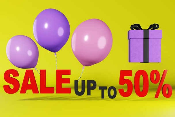 最大50%の割引テキストバナーを販売ホットオファー最高の価格3Dレンダリング黄色の背景。ピンクの風船を浮かべる紫色のギフトボックス。オンラインショッピングプロモーション。ショップクーポングラフィックポスターテンプレート - 写真・画像