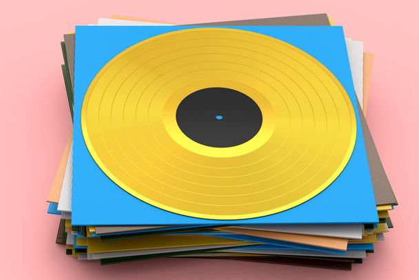 Black vinyl LP record with heap of covers isolated on pink background. 3d render of musical long play album disc 33 rpm - Zdjęcie, obraz