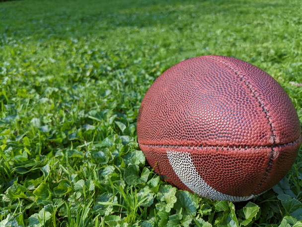 close up of brown football laying on a grass field - Photo, Image
