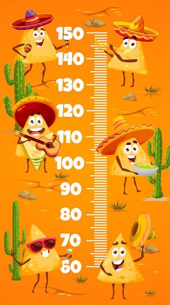 Règle de graphique en hauteur pour enfants avec des puces mexicaines drôles de nachos de dessin animé. Tableau de mesure de croissance pour enfants affiche vectorielle murale ou mètre de hauteur pour enfants de la maternelle avec des caractères mignons de jetons mexicains dans des chapeaux sombrero - Vecteur, image