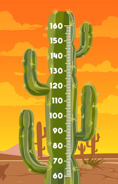 Kaktus Meksikon autiomaassa lasten korkeuskaaviossa. Toimenpide mittari hallitsija vektori seinä tarra stadion mittakaavassa muoto sarjakuva vihreä saguaro mehukas kasvi taustalla aavikon luonto maisema - Vektori, kuva