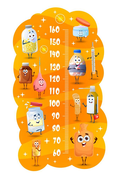 Lasten korkeus kaavio hallitsija sarjakuva siirappi, pilleri ja lääkitys merkkiä. Vektorin kasvumittari, jossa on hauskoja lääkkeitä ja lääketieteellisiä esineitä, lämpömittari, klysteri, purkit ja pullot, joissa on tablettien seinähallitsija - Vektori, kuva