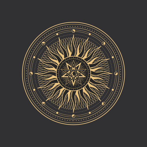 Pentagrama, esotérico, magia oculta e símbolo de tarô, círculo pentáculo vetor. Alquimia, ocultismo e ritual de bruxaria sinal pentagrama com sol celestial e lua em círculo de geometria sagrada - Vetor, Imagem