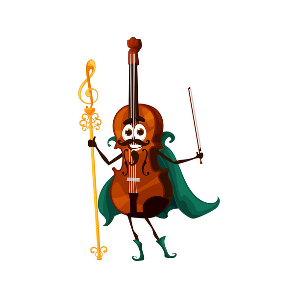 Cartoon violin magician character. Isolated vector musical string instrument wear wiz cape, personage with magic staff. Educational classes for kids, musician wiz with smiling face and bow in hand - Vector, Image