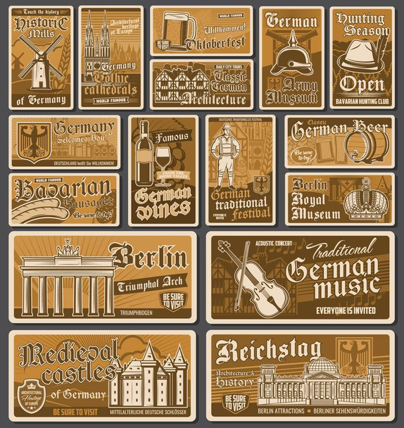 Γερμανία ορόσημα, τον πολιτισμό και την κουζίνα ταξιδιωτικές αφίσες. Γερμανικά vector banners ιστορίας και αρχιτεκτονικής. Ανεμόμυλος, εκκλησία και Reichstag, brandenburg πύλη, στέμμα και βιολί, λουκάνικα, μπύρα και κρασί - Διάνυσμα, εικόνα