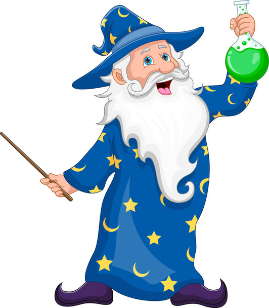 Мультфильм старый волшебник держа зелье в объемной фляжке - Вектор,изображение