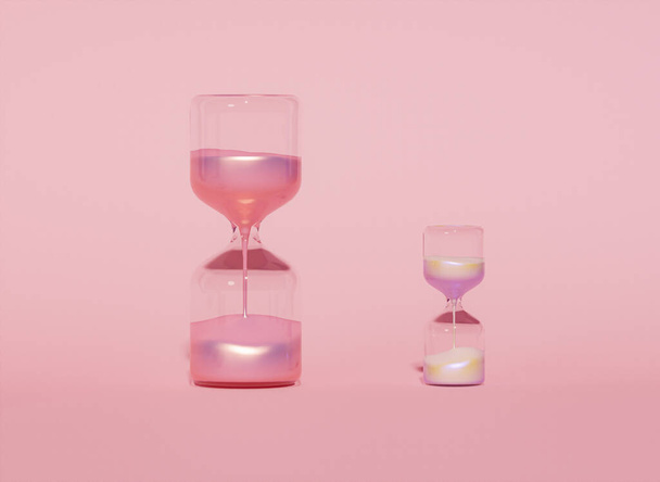 Time Concept Hourglass Sand running through as time passing concept for business inspiration deadline on pastel pink background. Deadline, project time limit, task due dates. 3d render - Photo, Image