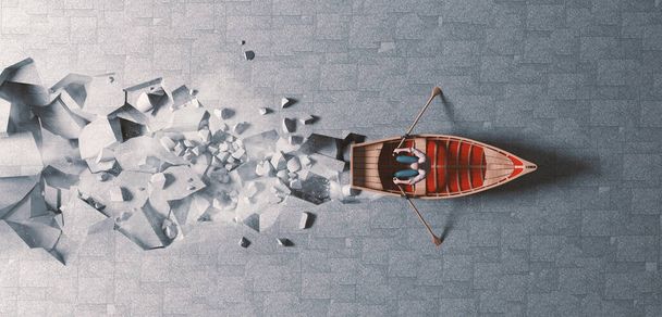 Mies soutaa veneessä betonilattialla. Motivaatio ja ajattelutapa. Tämä on 3D-mallinnus . - Valokuva, kuva