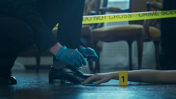 Detective Collecting Evidence in a Crime Scene. Forensic Specialists Making Expertise at Home of a Dead Person. The Concept of Homicide Investigation by Professional Police Officer. - Photo, image