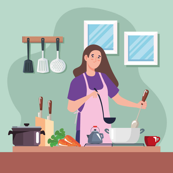 женщина приготовление пищи с характером овощей - Вектор,изображение