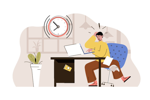Upcoming deadline concept. Stressed employee rushes to finish task, cannot get in time situation. Work problems people scene. Illustration with flat character design for website and mobile site - Photo, Image