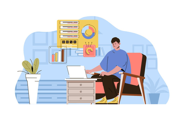 Work from home concept. Employee works online, freelance at home office situation. Comfortable remote workplace people scene. Illustration with flat character design for website and mobile site - Photo, Image