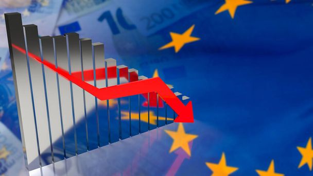 Diagramma aziendale freccia verso il basso sullo sfondo bandiera EURO rendering 3d - Foto, immagini