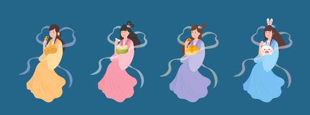 4 Chinese feeën of godinnen: Chang 'e, midden in de herfst Festival elementen, Aziatische traditionele festivals of legendes - Vector, afbeelding