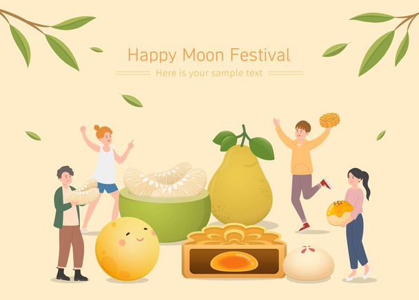 Amici felici e famiglia che festeggiano il festival di metà autunno, torta lunare con pomelo e luna, poster vettoriale - Vettoriali, immagini