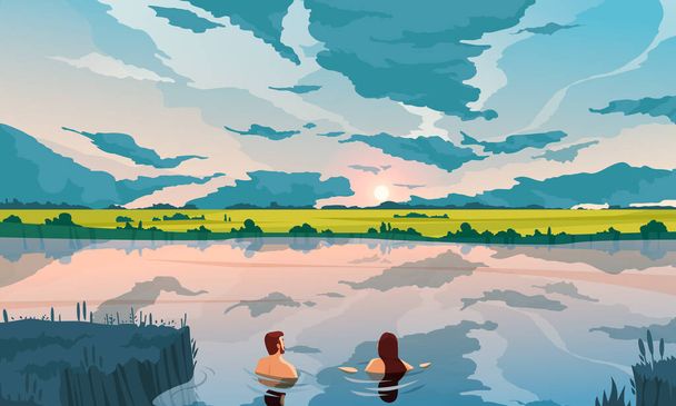 Ουρανό φόντο με τους ανθρώπους που κολυμπούν σε ποτάμι σύμβολα επίπεδη διανυσματική απεικόνιση - Διάνυσμα, εικόνα