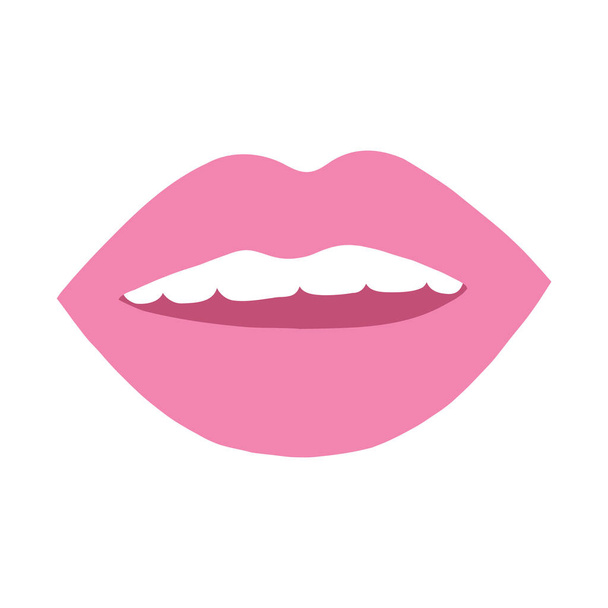 Babska naklejka, samica z otwartymi ustami i zębami. Wektor ilustracja warg kobiet w kolorze różowym. - Wektor, obraz