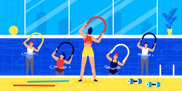 Happy ženy během vodní aerobik třídy v bazénu s trenérem ploché vektorové ilustrace - Vektor, obrázek