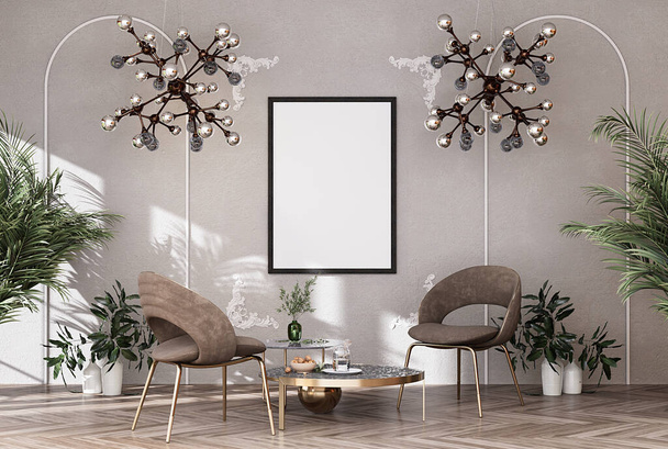 Mock up poster frame in modern interior background, living room, there are decorations., Scandinavian style, 3D rendering,  3D Illustration - Photo, Image