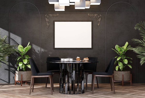 Modern iç plan, yemek odası, dekorasyon, İskandinav tarzı, 3D resim, 3D resim. - Fotoğraf, Görsel