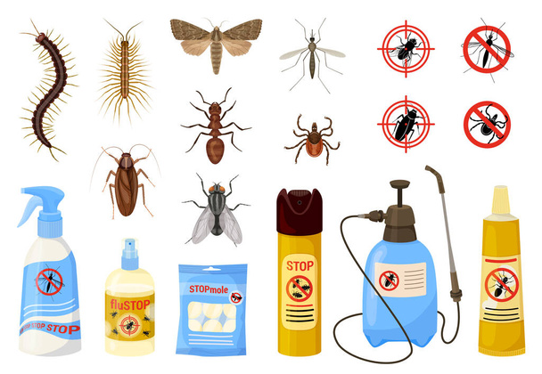 Harmful insects cartoon big colored icon set insect pests and pest killers in bottles and cans vector illustration - Vector, Image