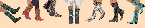 Set of legs in cowboy boots. Cowboy girl wears boots. Cowboy western theme, wild west, texas. Various cowgirl boots. Hand drawn color trendy vector illustration. All elements are isolated. - Вектор,изображение