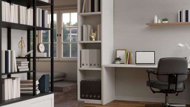 Μοντέρνος σύγχρονος σχεδιασμός εσωτερικού χώρου σπιτιού ή γραφείου με μίνιμαλ λευκό χώρο εργασίας, βιβλιοθήκη, διακόσμηση και laptop λευκή οθόνη mockup. 3D καθιστούν, 3d εικονογράφηση - Φωτογραφία, εικόνα