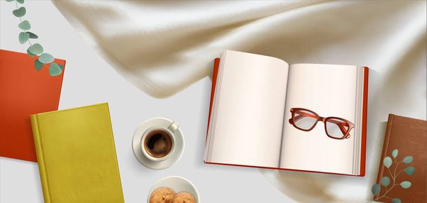 Реалистичная композиция для любителей книг с видом на скатерть с книжными очками и векторными иллюстрациями к чашкам кофе - Вектор,изображение