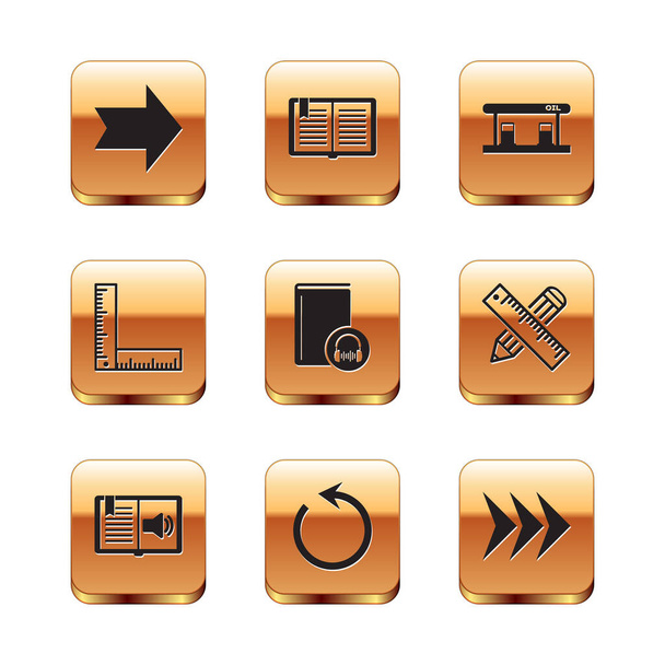 Set Arrow Audio book Refresh Folding ruler Gas filling station and Open icon. Vector. - Vektor, obrázek