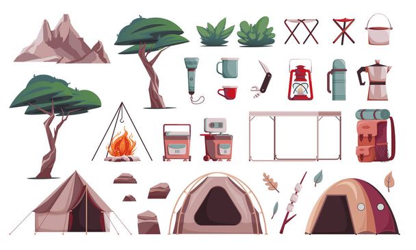Икона кемпинга набор горы деревья фонарик палатки костер и другие инструменты кемпинг векторные иллюстрации - Вектор,изображение