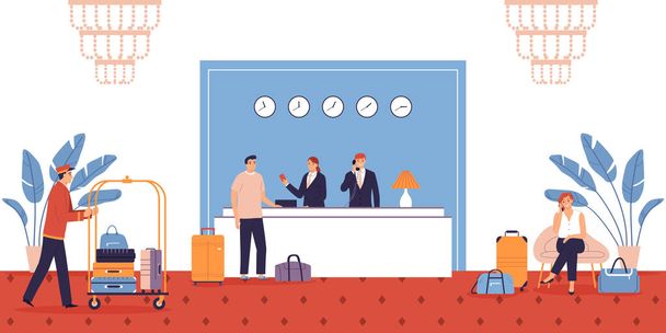 Flat hotel reception interior with receptionists porter and guests vector illustration - Vector, Image