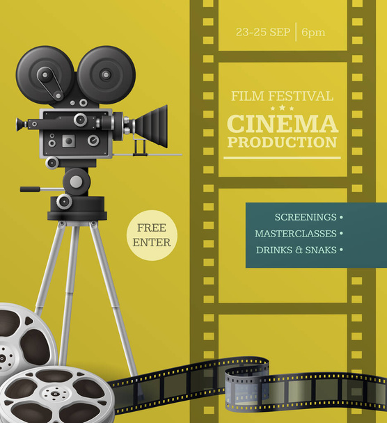 Festival de cine plantilla de póster vertical con carretes de videocámara y cinta en el fondo de color ilustración vectorial realista - Vector, imagen