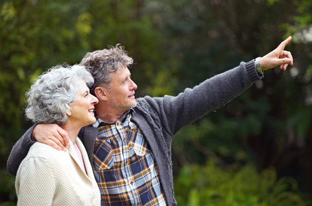 Sie haben die Natur immer geliebt. ein älterer Mann weist seine Frau draußen auf etwas hin - Foto, Bild