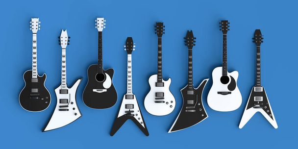 Set of electric acoustic guitars isolated on blue background. 3d render of concept for rock festival poster with heavy metal guitar for music shop - Фото, зображення