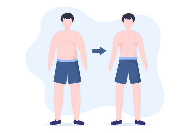 Modello di perdita di peso Illustrazione piatta del fumetto disegnato a mano di persone in sovrappeso che fanno esercizio, formazione e pianificazione della dieta per un corpo magro - Vettoriali, immagini