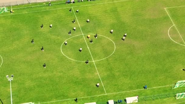 Aerial top down view of soccer field two professional teams playing. Energetic game in the middle of the field. Womens football. Important match on international championship. Beautiful aerial shot. - Footage, Video