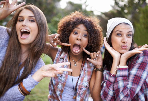 Szalony weekend w parku. Przycięte portret grupy dziewczyn przyjaciół ciągnących śmieszne twarze w parku - Zdjęcie, obraz