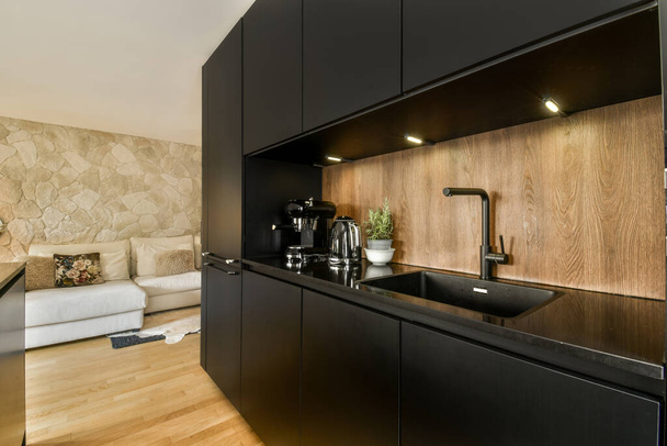 Απλή ανοιχτή κουζίνα μαύρα ντουλάπια και σαλόνι με λευκό καναπέ στο φως της ημέρας - Φωτογραφία, εικόνα