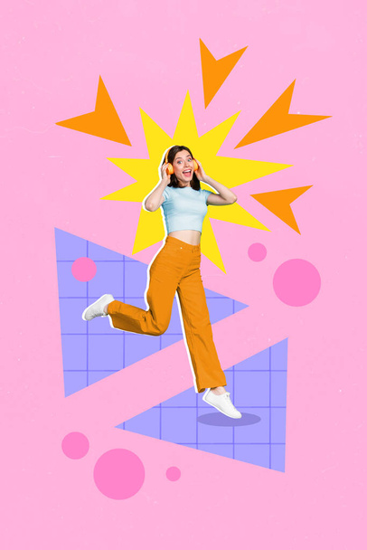 Vertical collage image of excited cheerful girl jumping hands touch headphones listen music isolated on painted background. - Zdjęcie, obraz