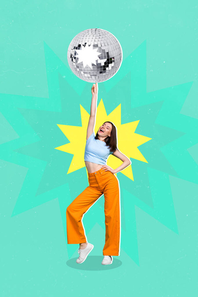 Vertical collage picture of carefree overjoyed girl point finger dancing big disco ball isolated on drawing background. - Foto, Imagen