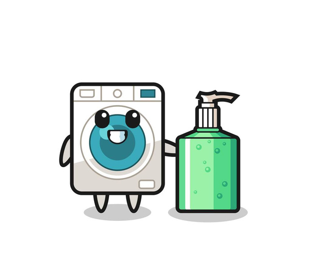 bonito máquina de lavar desenhos animados com desinfetante de mão, design bonito - Vetor, Imagem
