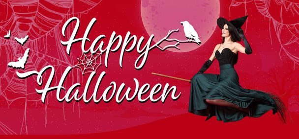 Cadılar Bayramı partisi için güzel cadı ve süpürgeyle reklam afişi. - Fotoğraf, Görsel