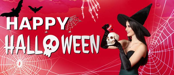 Banner publicitario para fiesta de Halloween con hermosa bruja y cráneo - Foto, imagen