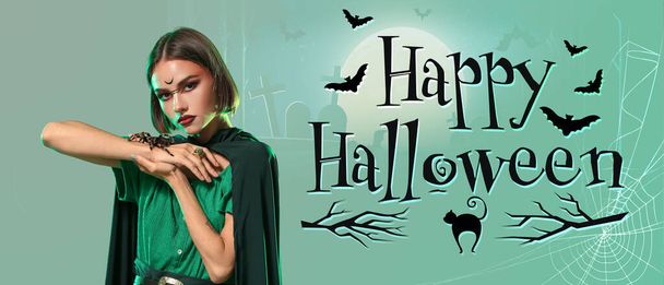 Banner publicitario para fiesta de Halloween con hermosa bruja y araña - Foto, imagen