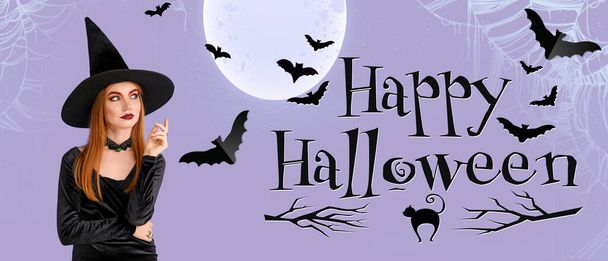 Bannière publicitaire pour fête d'Halloween avec jeune sorcière et chauves-souris - Photo, image