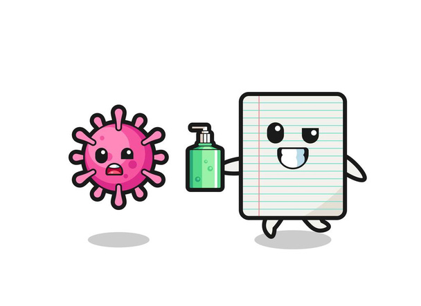 illustrazione del personaggio della carta che insegue il virus maligno con la mano igienizzare - Vettoriali, immagini