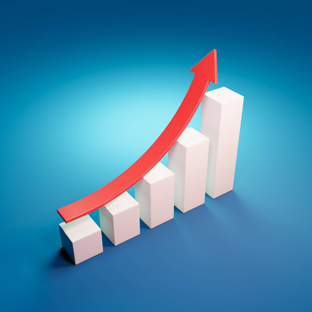 Gráfico de barras en crecimiento con creciente ilustración en 3D de Flecha Roja sobre fondo azul - Foto, imagen