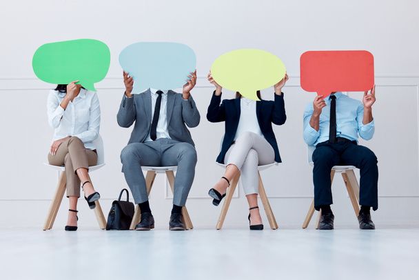Speech bubble, opinion and business people for social media communication, vote or voice and waiting room HR recruitment. Corporate workers with branding board for advertising, marketing and mock up. - Photo, image