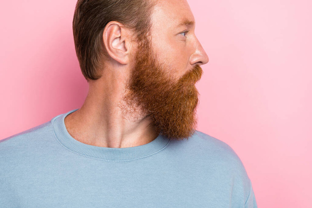 Profile cropped close up photo of focused concentrated person beard cut isolated on pink color background. - Fotoğraf, Görsel