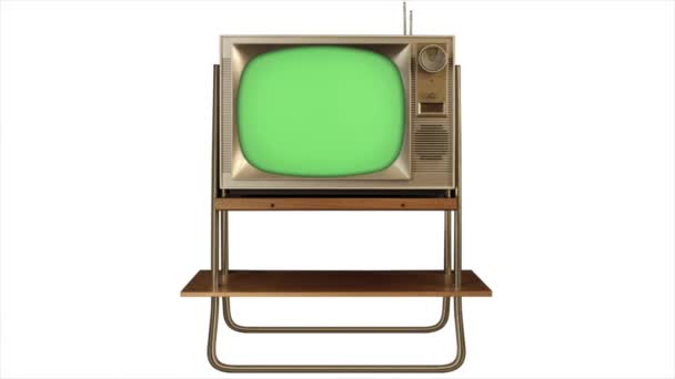 Zielony ekran 3d tv 1960 retro tv build in style slide up & turn on - budować styl slajdów w dół i wyłączyć - Materiał filmowy, wideo